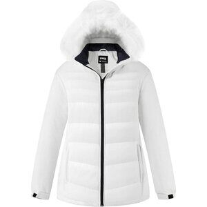 Women's White Ski Jacket Waterproof Warm Snow Winter Coat with Removable Hood